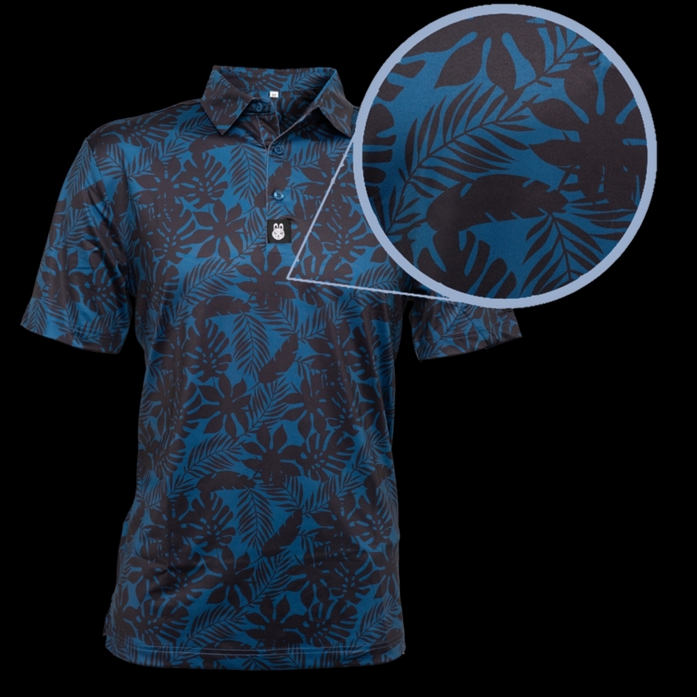 Stylish Blue Polo Shirt with Tropical Leaf Design